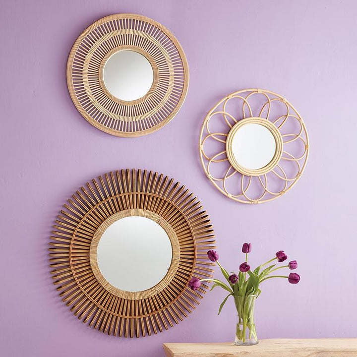 Circular bamboo-framed hanging mirror -  Beige