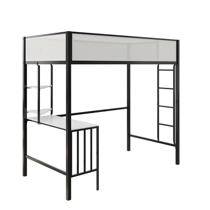 Axel Loft Bed with Desk & Shelves - White/Black - Twin