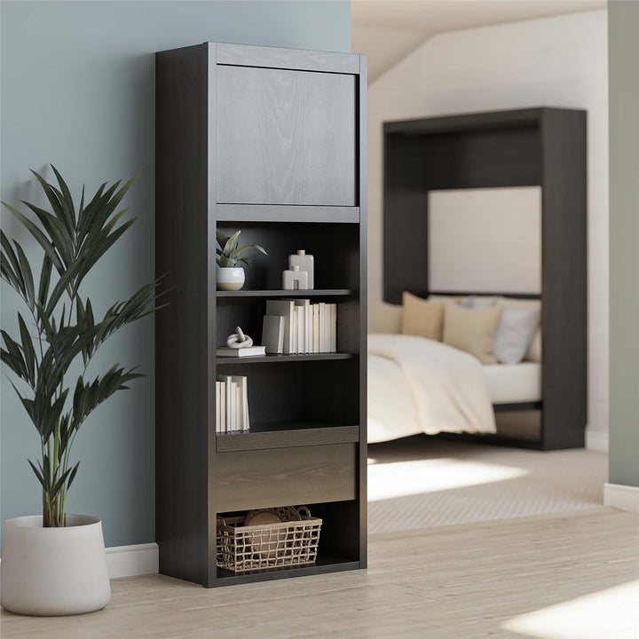 Paramount Single Bedside Bookcase with Pullout Nightstand and Storage - Black Oak