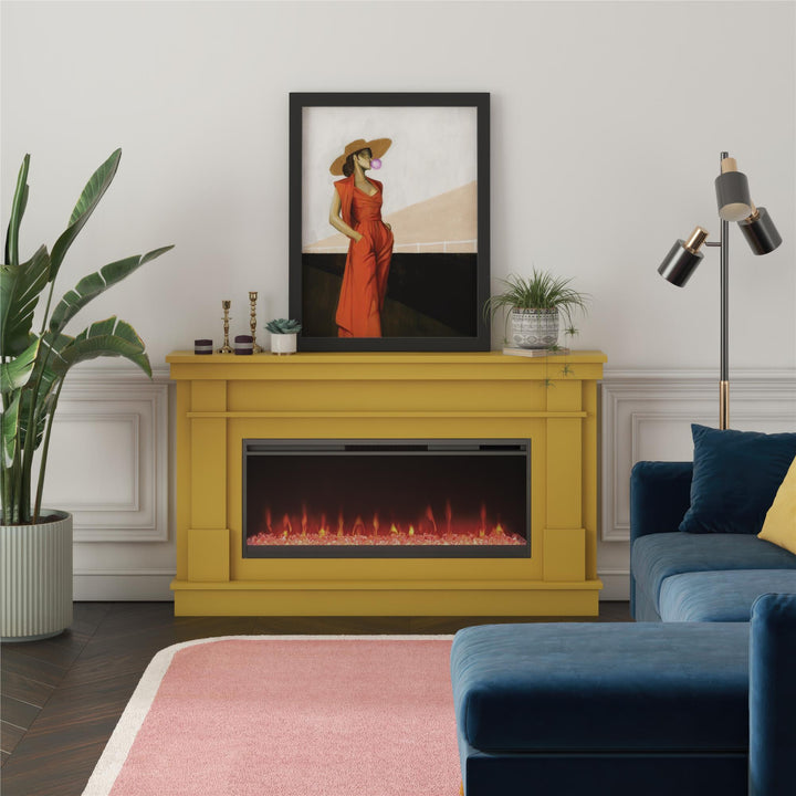 Waverly Wide Mantel with Linear Electric Fireplace & Crystal Ember Bed - Mustard Yellow