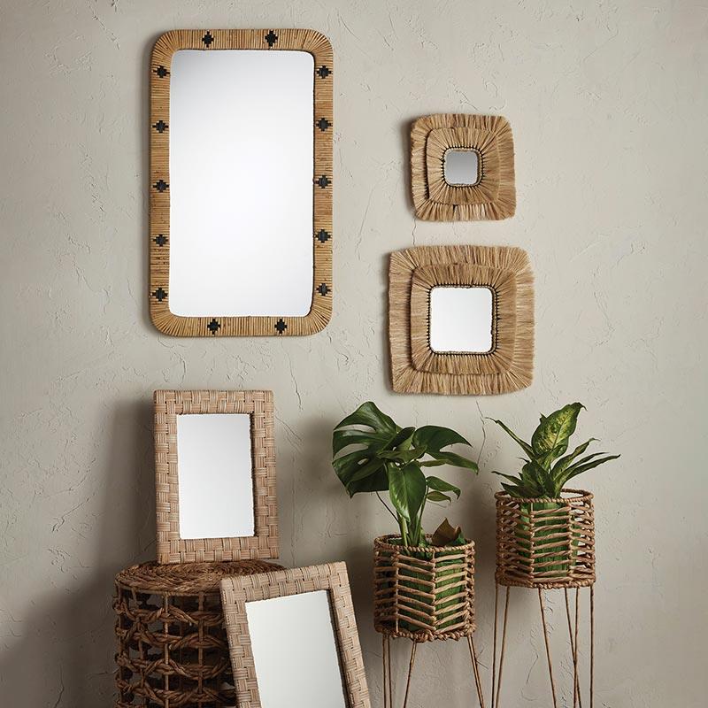 Square mirror with woven seagrass frame -  Weathered Light Brown  -  Medium