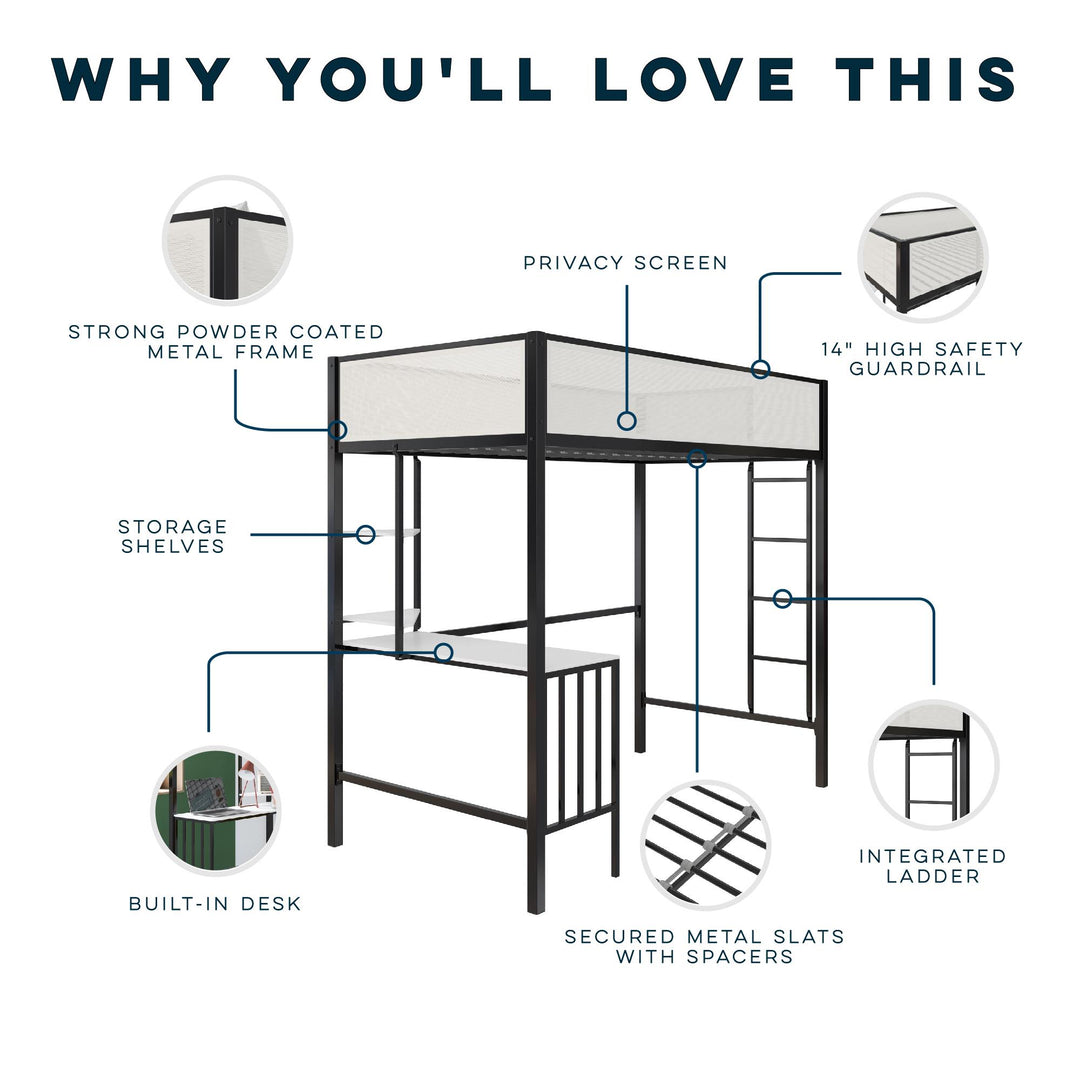 Axel Loft Bed with Desk & Shelves - White/Black - Twin