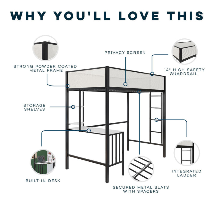 Axel Loft Bed with Desk & Shelves - White/Black - Twin