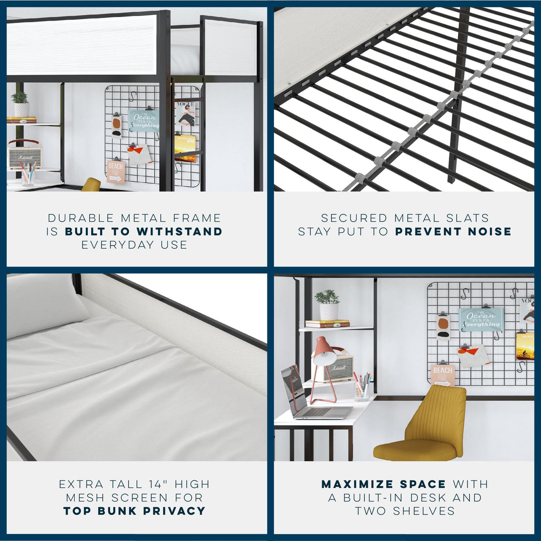 Axel Loft Bed with Desk & Shelves - White/Black - Twin