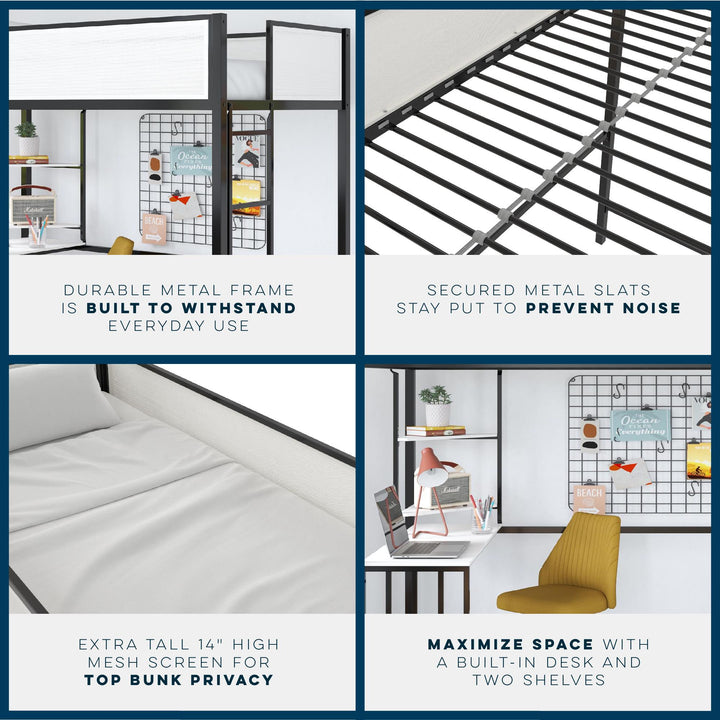 Axel Loft Bed with Desk & Shelves - White/Black - Twin