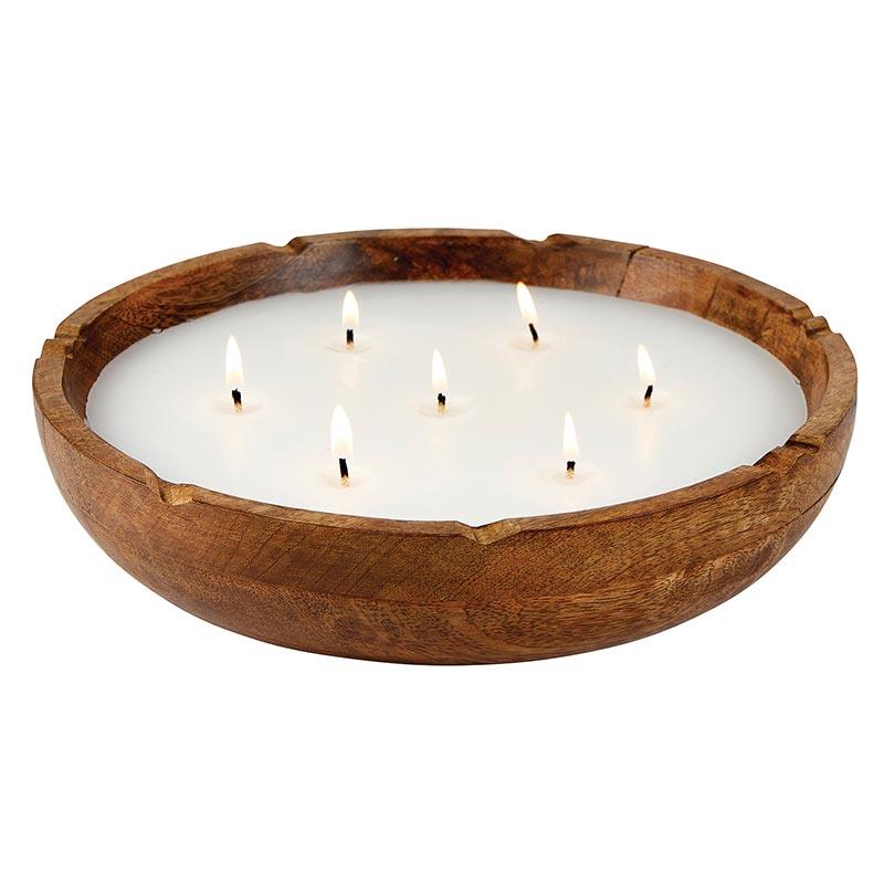 Round Wooden Tray Candleholder with Candle  -  Brown