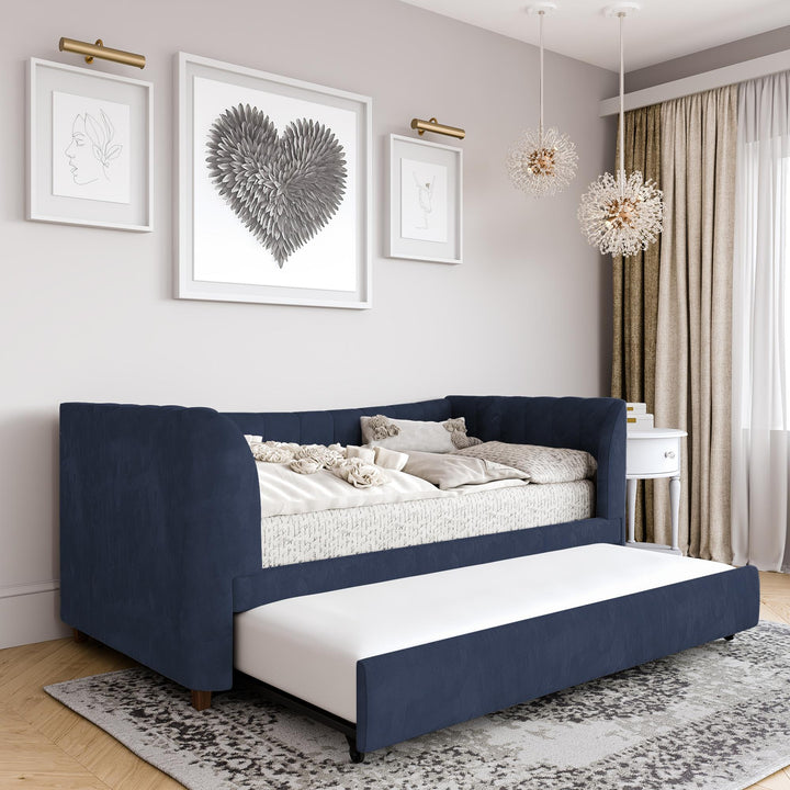 Valentina Upholstered Daybed with Trundle and Vertical Stitching - Blue - Twin