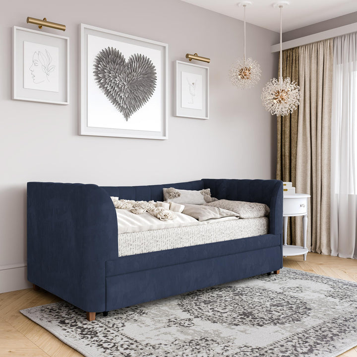 Valentina Upholstered Daybed with Trundle and Vertical Stitching - Blue - Twin