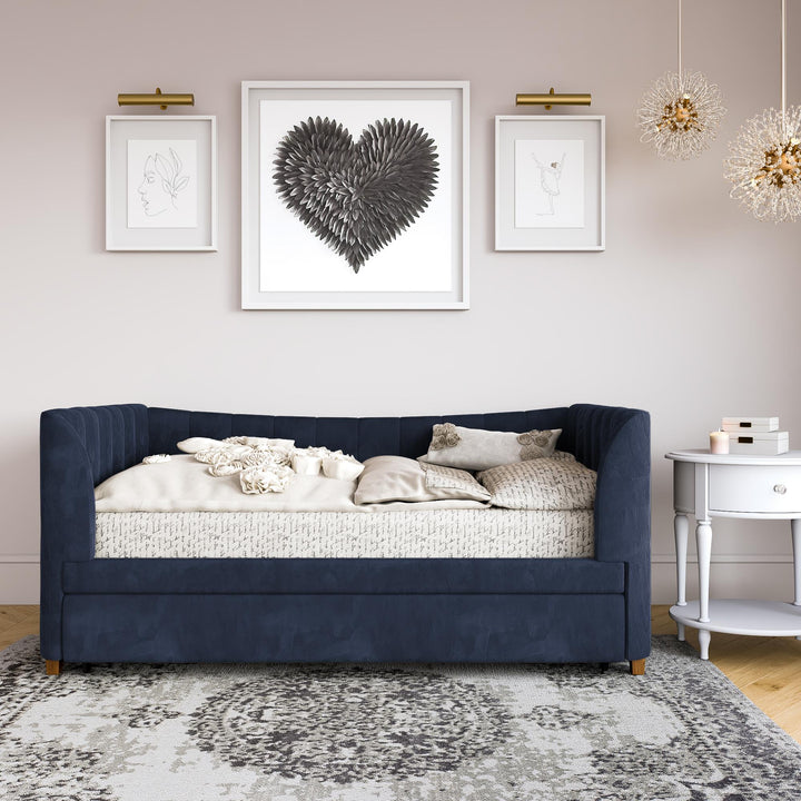 Valentina Upholstered Daybed with Trundle and Vertical Stitching - Blue - Twin