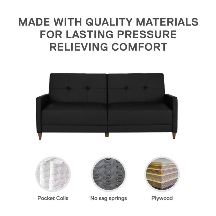 Andora Tufted Upholstered Coil Futon with Wooden Legs - Black Faux Leather