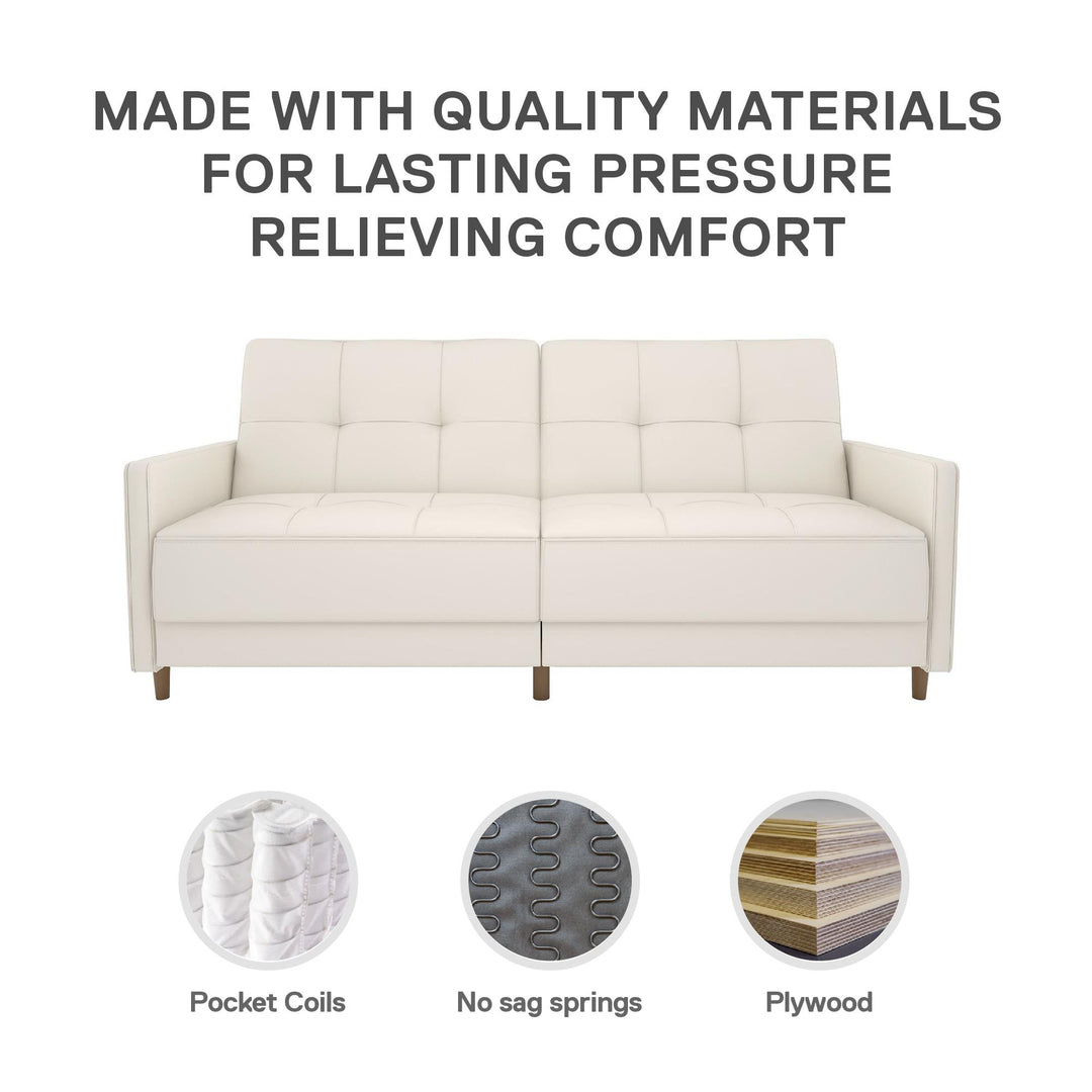 Andora Tufted Upholstered Coil Futon with Wooden Legs - White