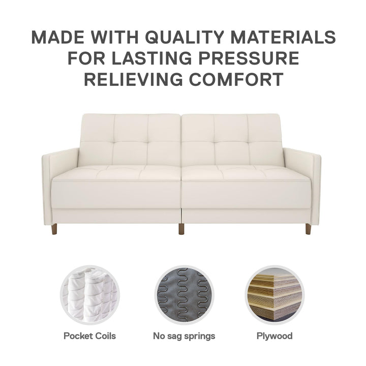 Andora Tufted Upholstered Coil Futon with Wooden Legs - White