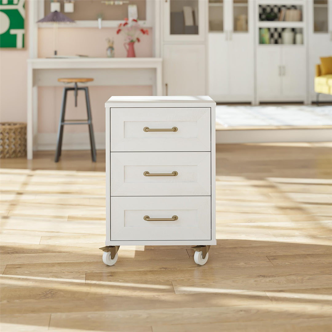 Tess 3 Drawer Rolling Cart with Locking Casters & Modular Storage Options - Ivory Oak