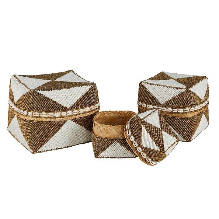 Two Tone Beaded Baskets, Set of 3  -  Brown