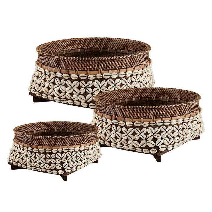 Rattan Cowrie Baskets, Set of 3  -  Brown