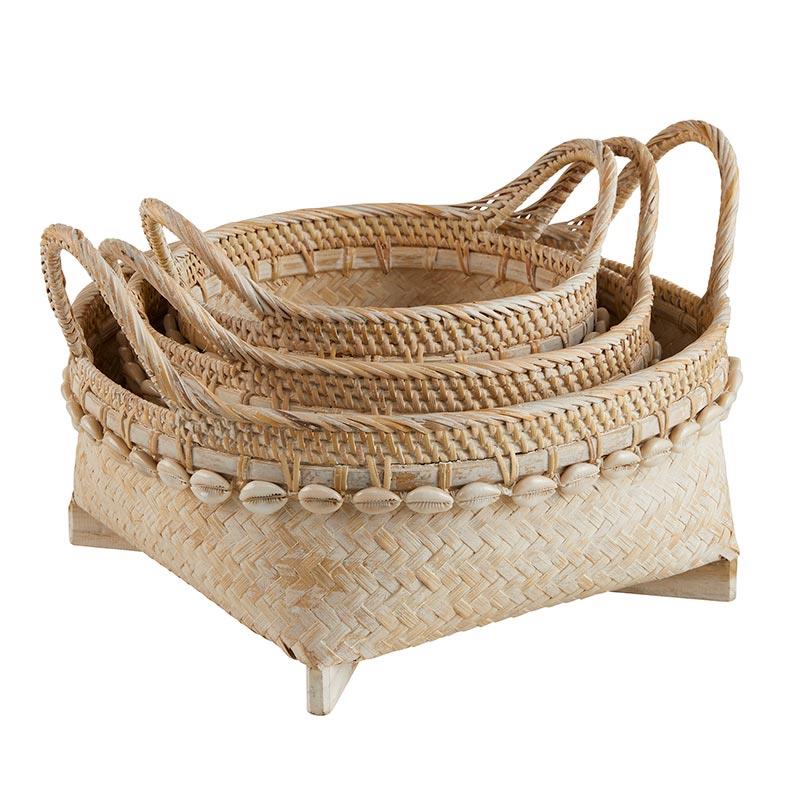 Shell Baskets With Handles, Set of 3  -  Beige