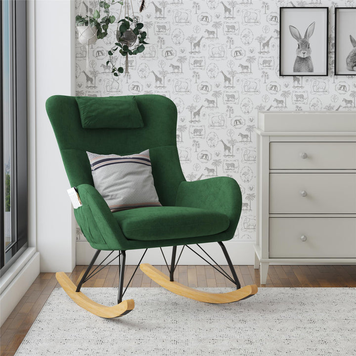 Robbie Rocker Accent Chair with Storage Pockets and Matching Pillow Headrest - Green