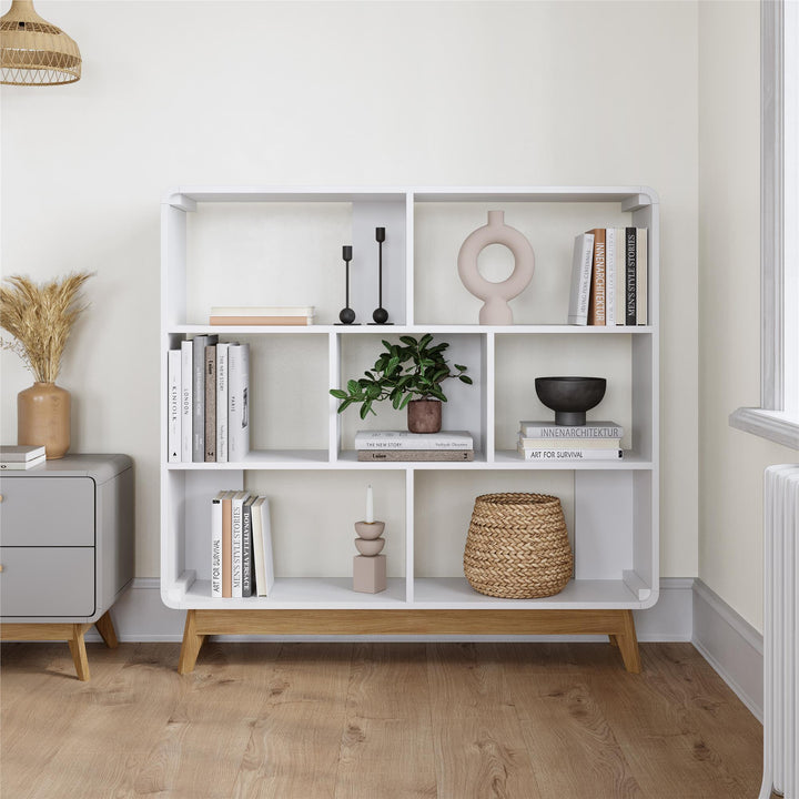Leva Scandinavian Style Bookcase with 7 Open Cubbies - White