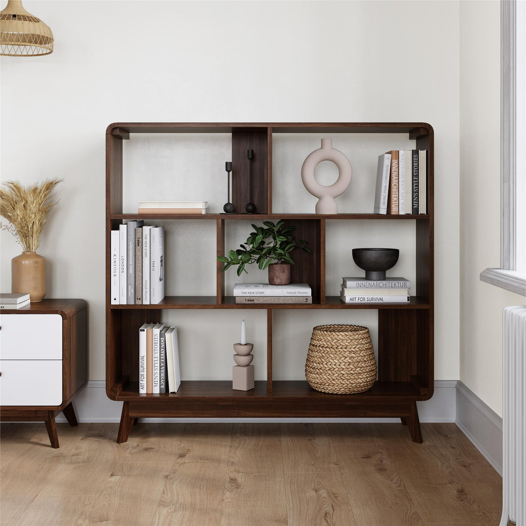 Leva Scandinavian Style Bookcase with 7 Open Cubbies - Walnut