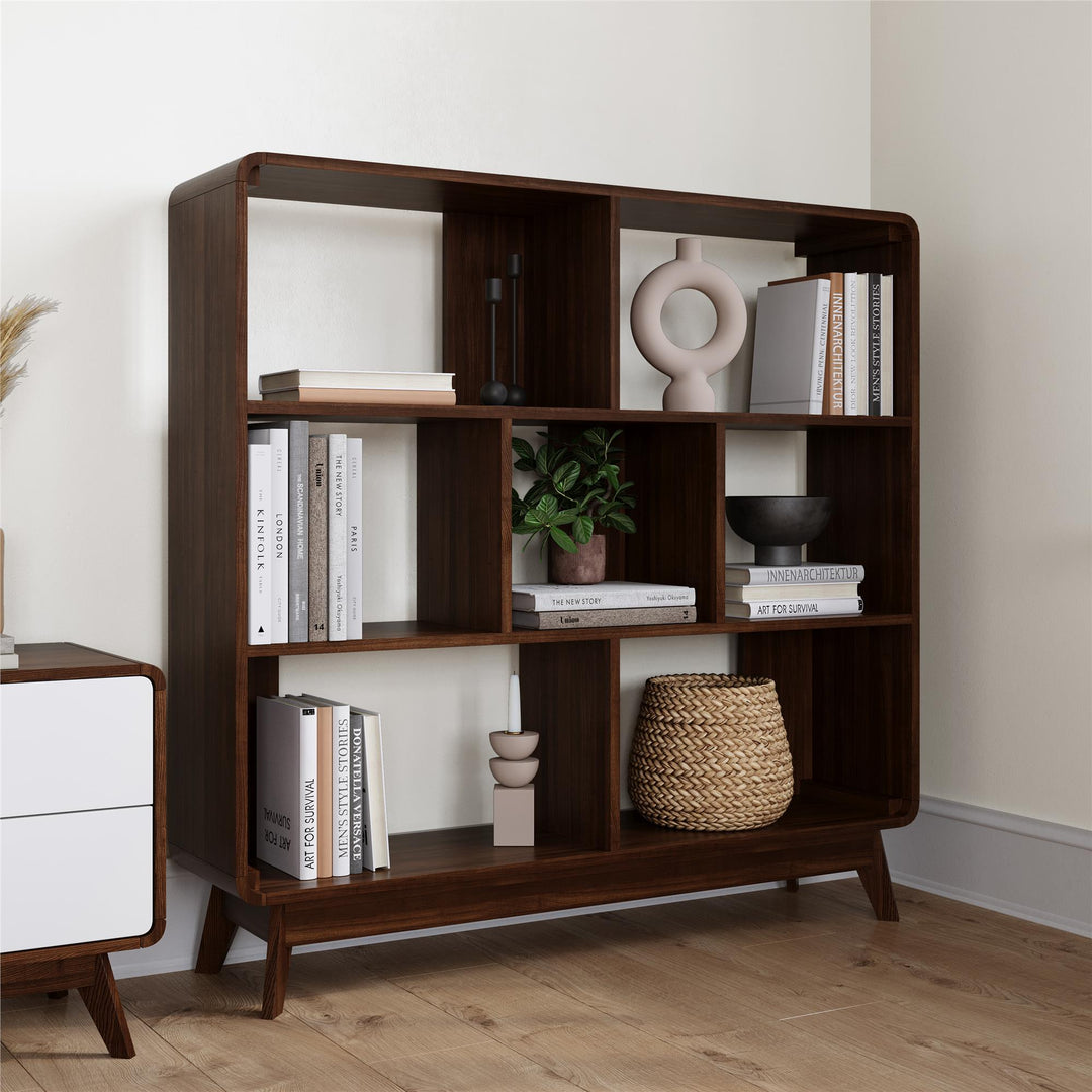 Leva Scandinavian Style Bookcase with 7 Open Cubbies - Walnut