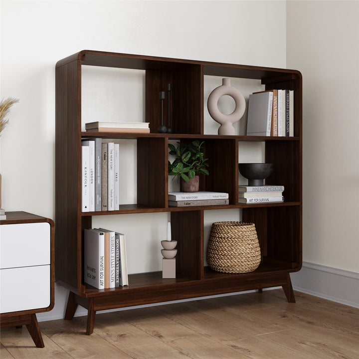Leva Scandinavian Style Bookcase with 7 Open Cubbies - Walnut
