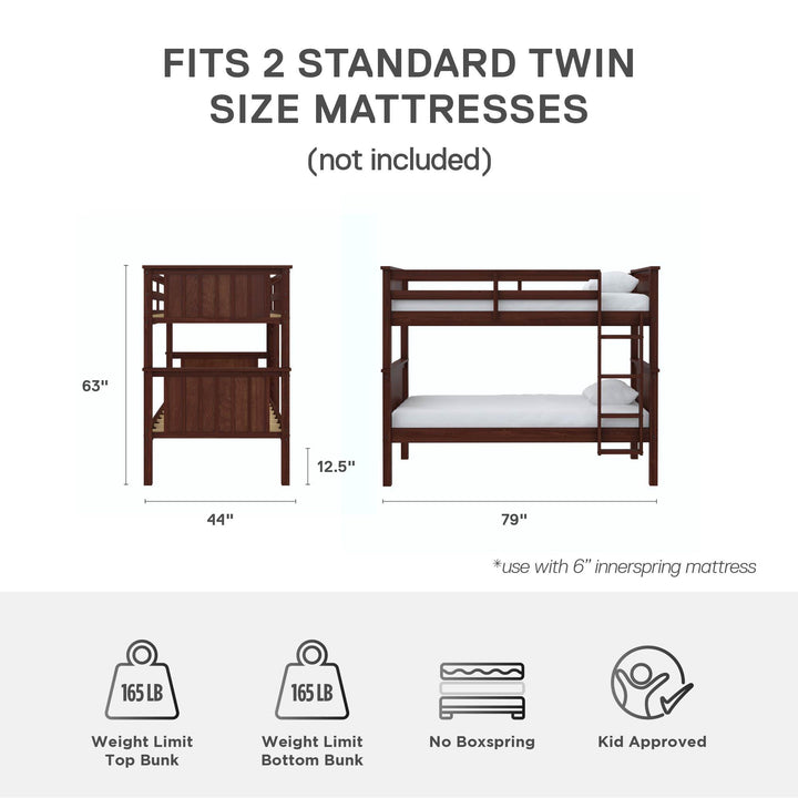 Bailen Wooden Bunk Bed - Deep Walnut - Twin-Over-Twin