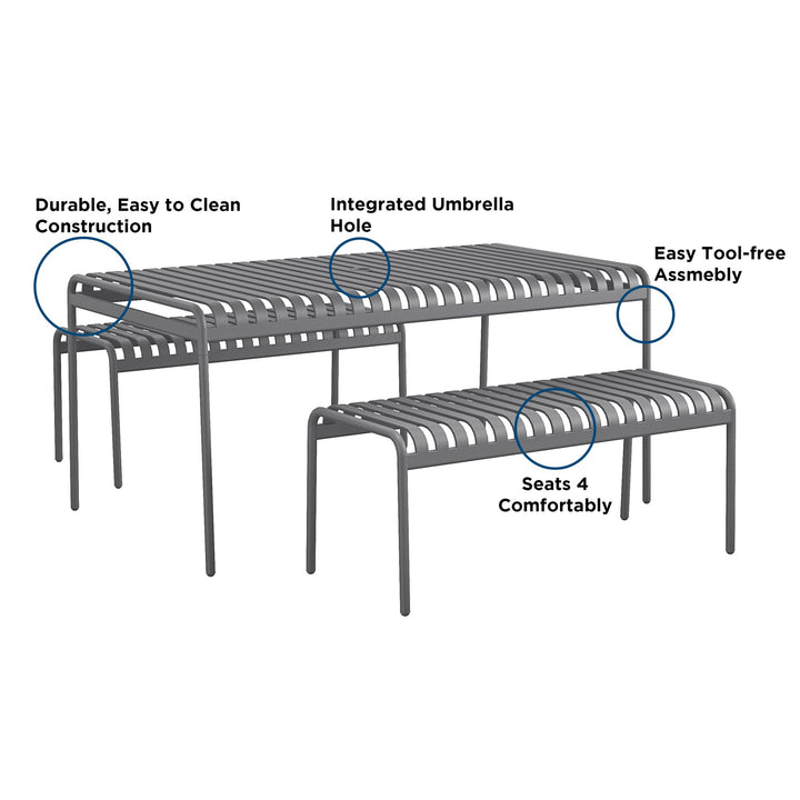 Poolside Gossip Ola All-Steel Table and Bench Set - Charcoal