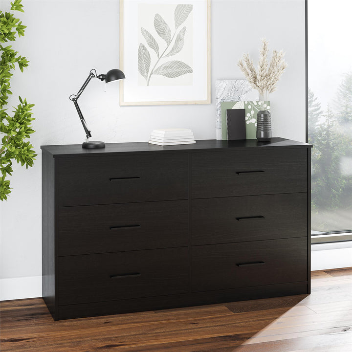 Easy Build Pearce Wide 6 Drawer Dresser with Interlocking SwitchLock™ System - Black Oak - 6 Drawer