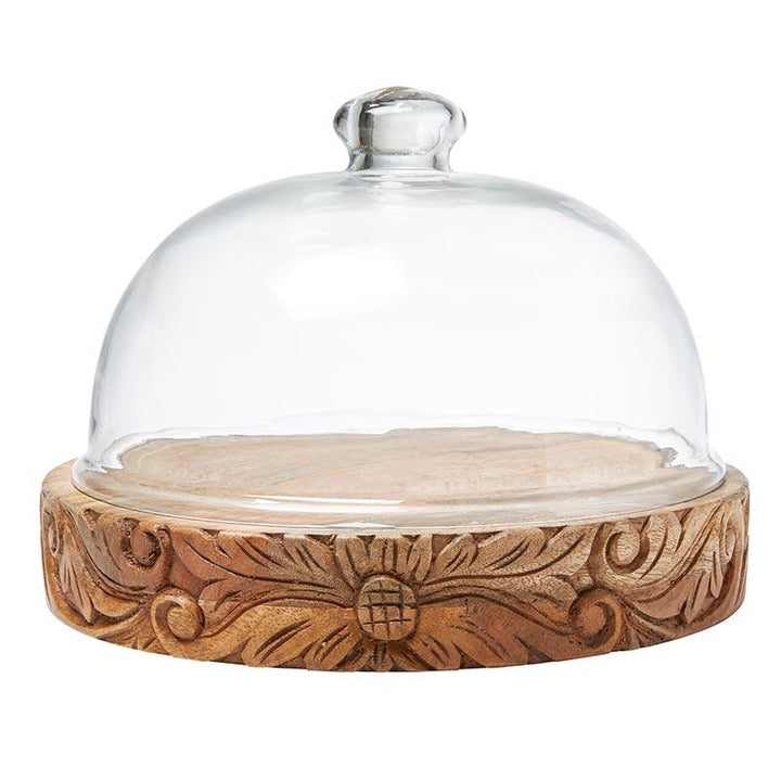 Glass Dome with Carved Base - Neutral Wood Grain
