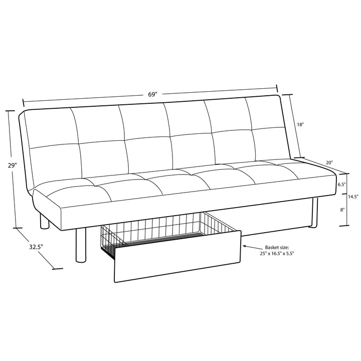 Sola Upholstered Storage Futon with 2 Drawers and Chrome Legs - Black