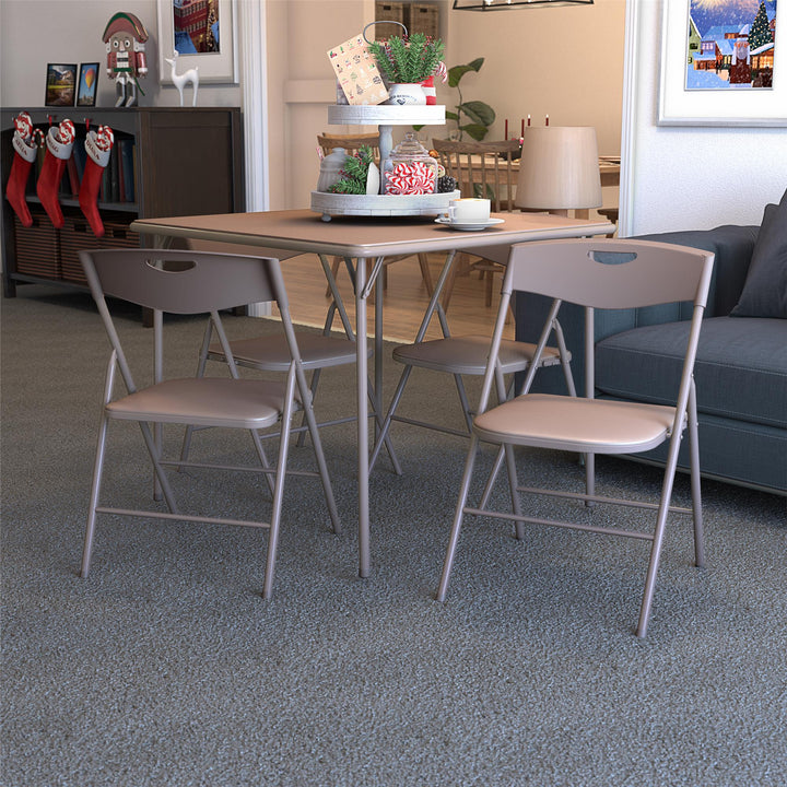 5 Piece Folding Dining Table and Chairs Set with Steel Frame and Vinyl Top - Antique Linen - 5 Piece