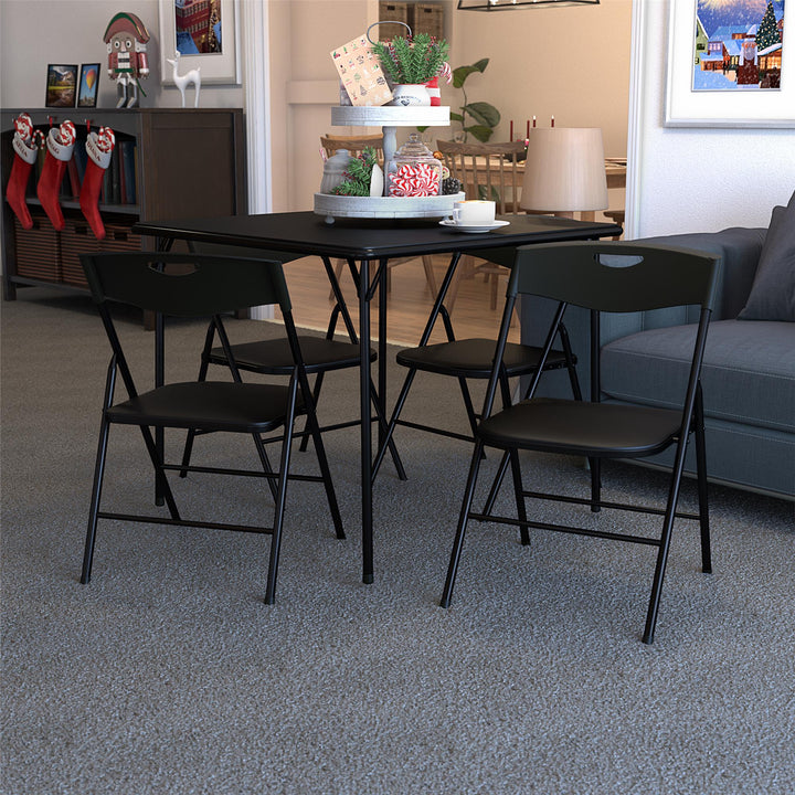 5 Piece Folding Dining Table and Chairs Set with Steel Frame and Vinyl Top - Black - 5 Piece