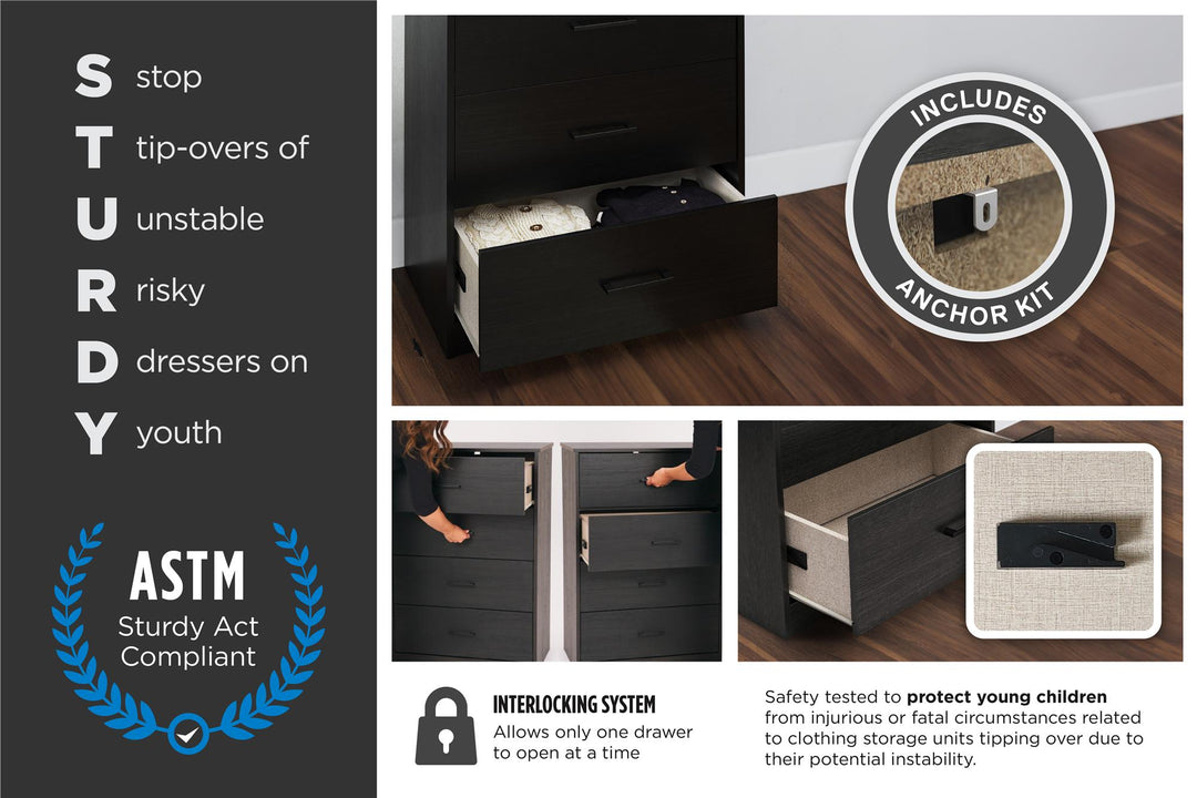 Easy Build Pearce Wide 6 Drawer Dresser with Interlocking SwitchLock™ System - Black Oak - 6 Drawer
