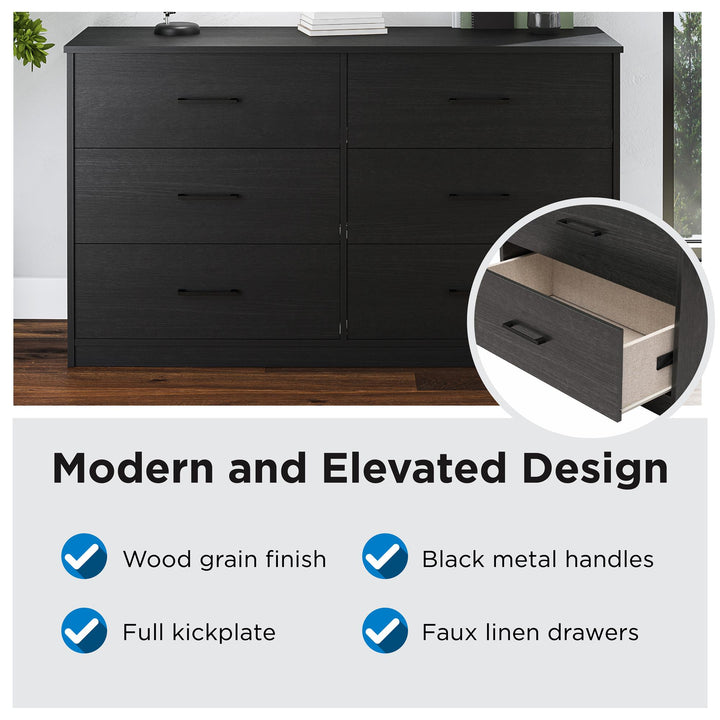 BrEZ Build Pearce Wide 6 Drawer Dresser - Black Oak - 6 Drawer