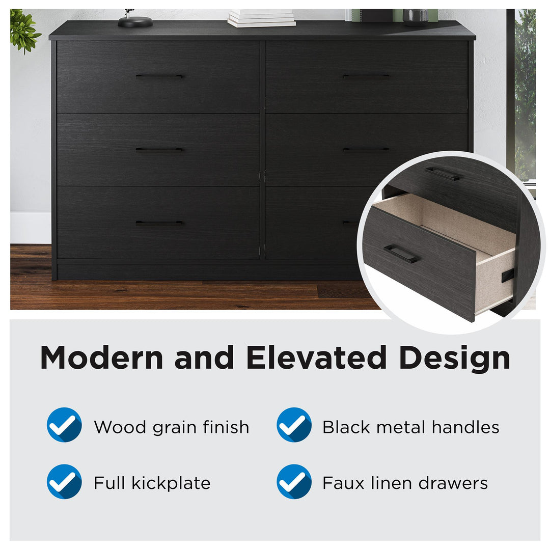 Easy Build Pearce Wide 6 Drawer Dresser with Interlocking SwitchLock™ System - Black Oak - 6 Drawer