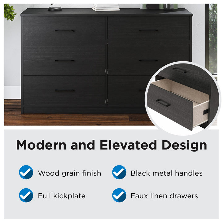 Easy Build Pearce Wide 6 Drawer Dresser with Interlocking SwitchLock™ System - Black Oak - 6 Drawer