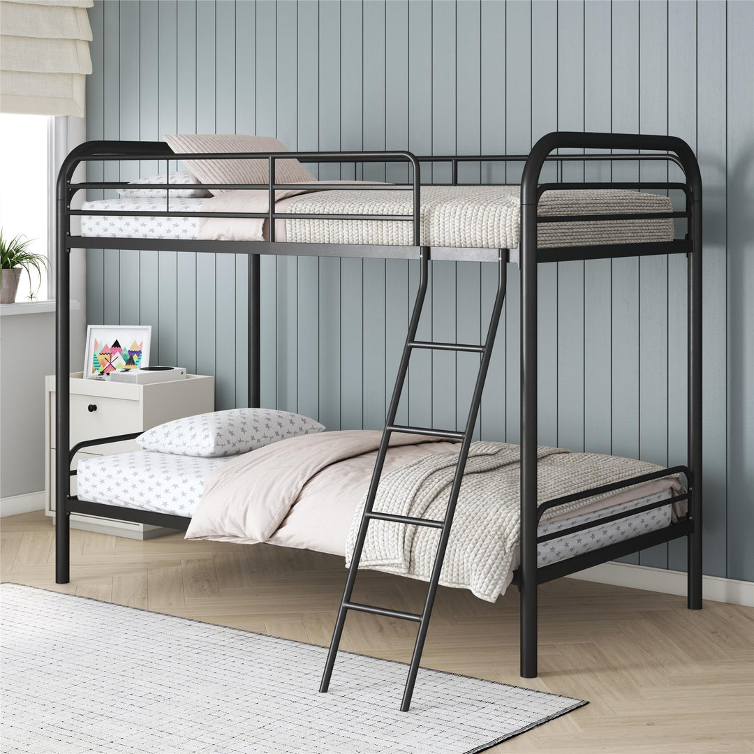 Twin over Twin Metal Bunk Bed with Slanted Front Ladder and Guardrails - Black - Twin-Over-Twin