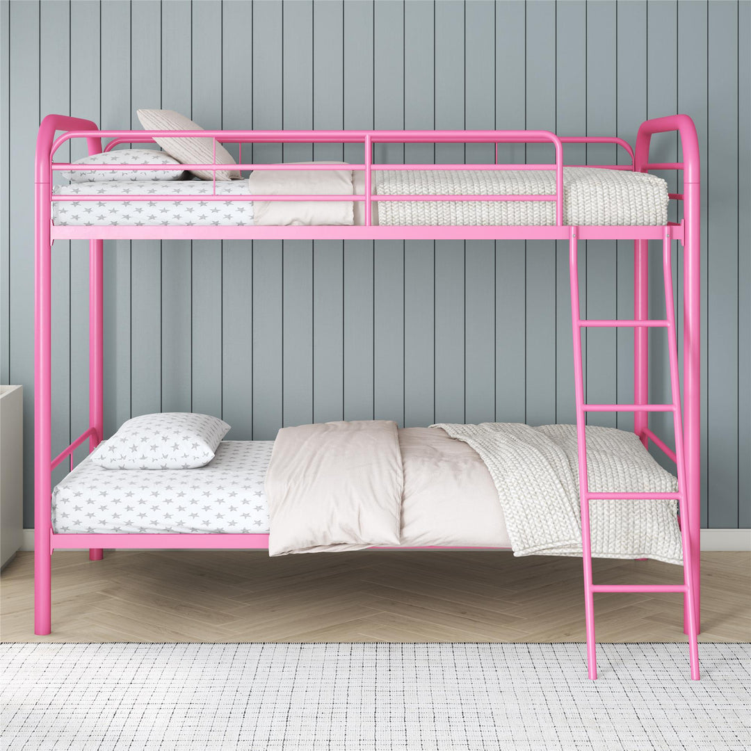 Twin over Twin Metal Bunk Bed with Slanted Front Ladder and Guardrails - Pink - Twin-Over-Twin