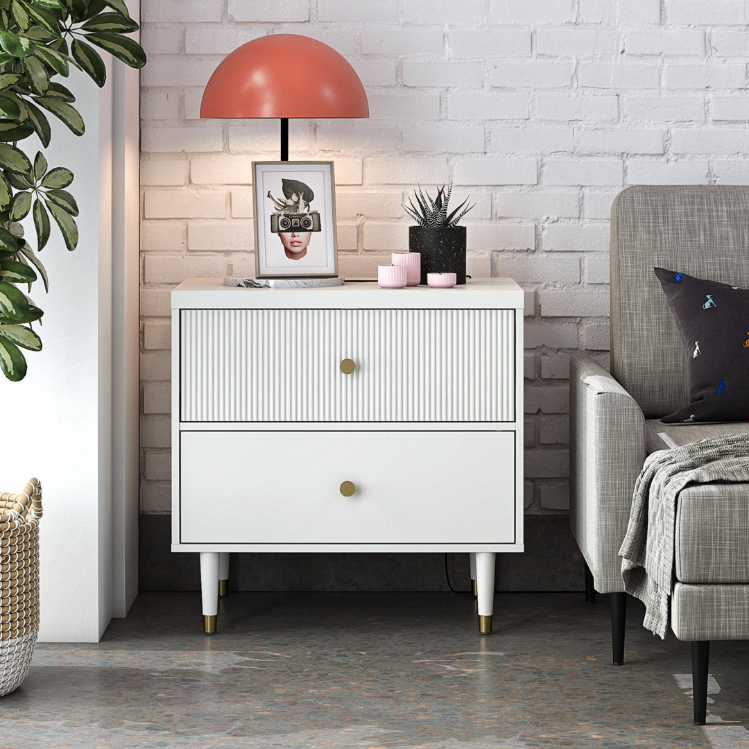 Elizabeth 2 Drawer Textured Nightstand with Gold Knobs - White