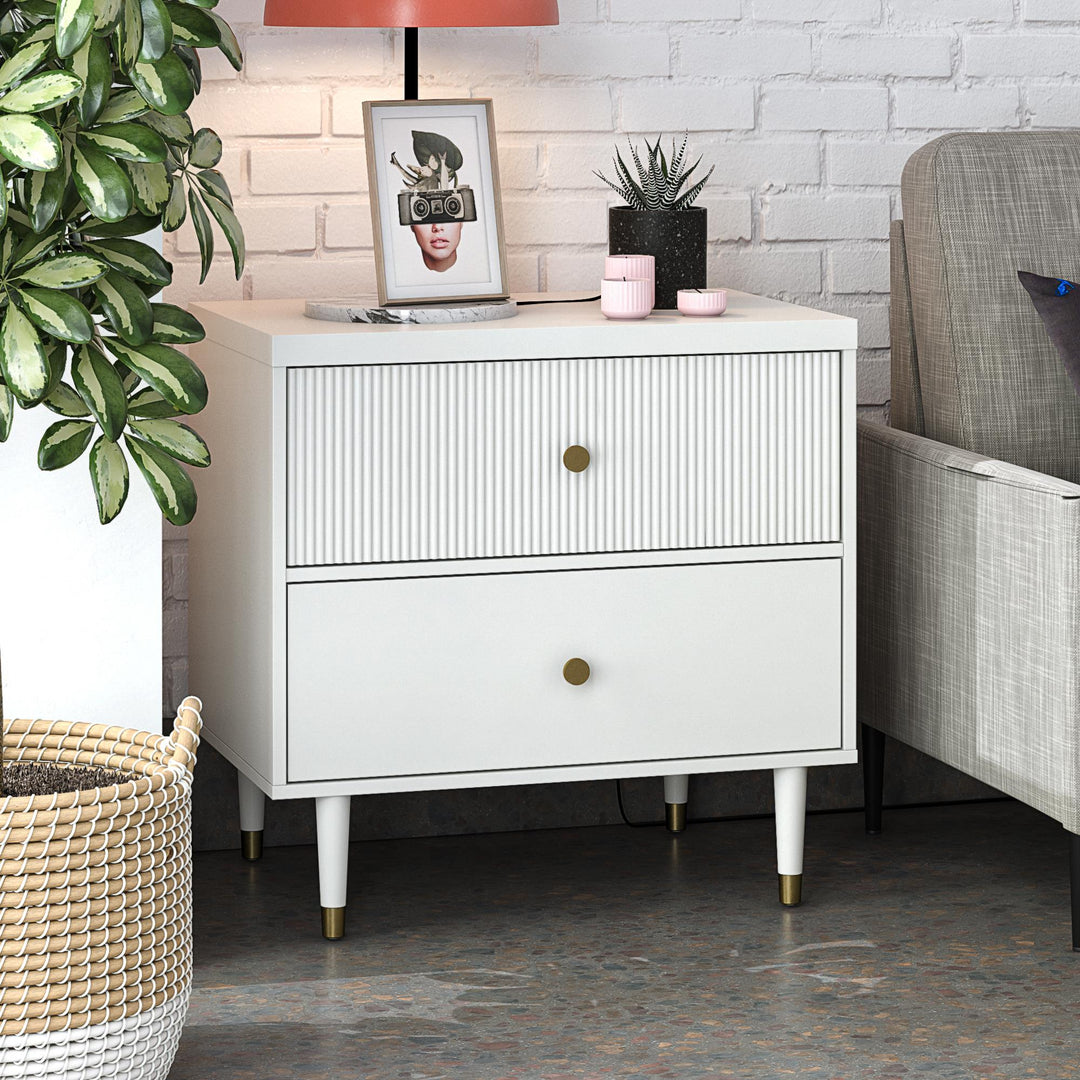 Elizabeth 2 Drawer Textured Nightstand with Gold Knobs - White