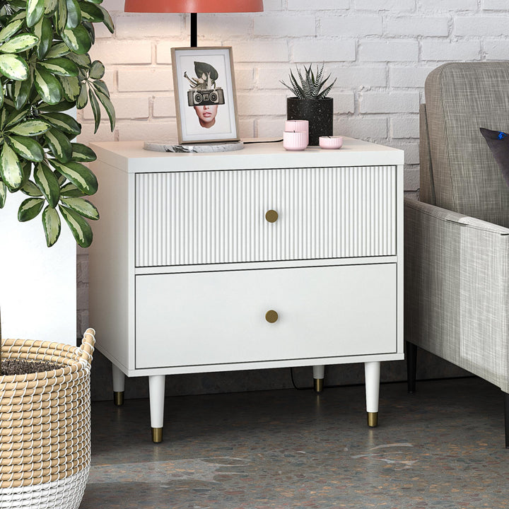 Elizabeth 2 Drawer Textured Nightstand with Gold Knobs - White