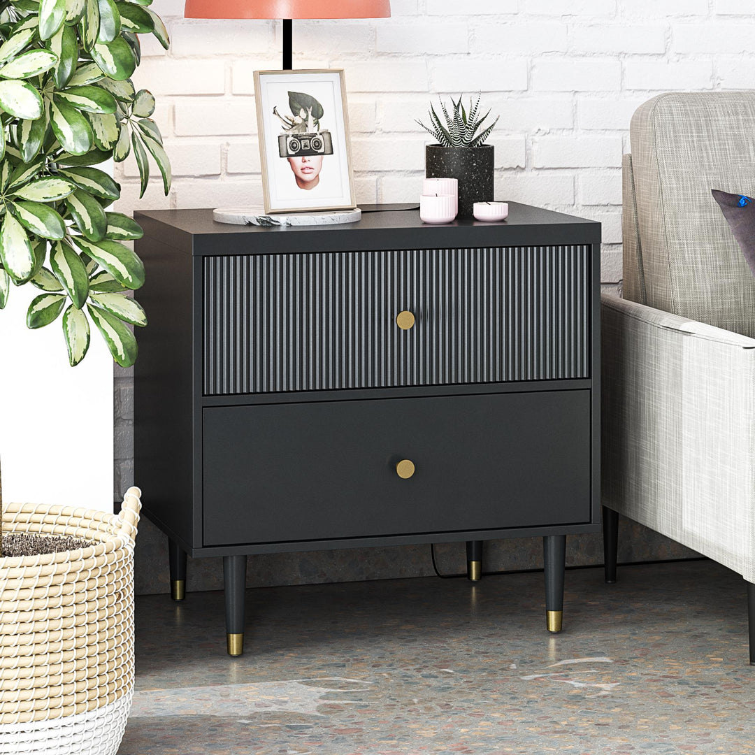 Elizabeth 2 Drawer Textured Nightstand with Gold Knobs - Black