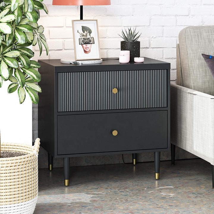 Elizabeth 2 Drawer Textured Nightstand with Gold Knobs - Black