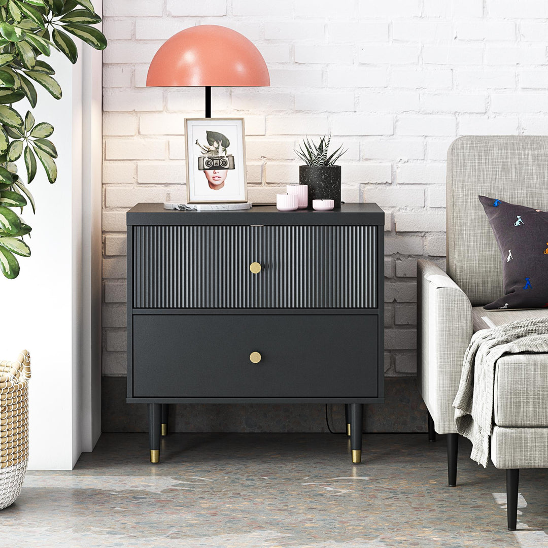 Elizabeth 2 Drawer Textured Nightstand with Gold Knobs - Black