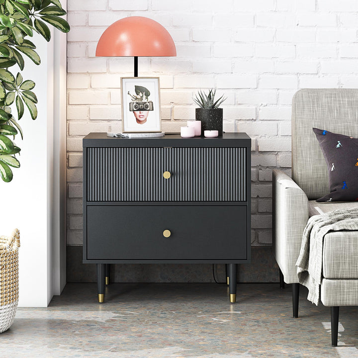 Elizabeth 2 Drawer Textured Nightstand with Gold Knobs - Black
