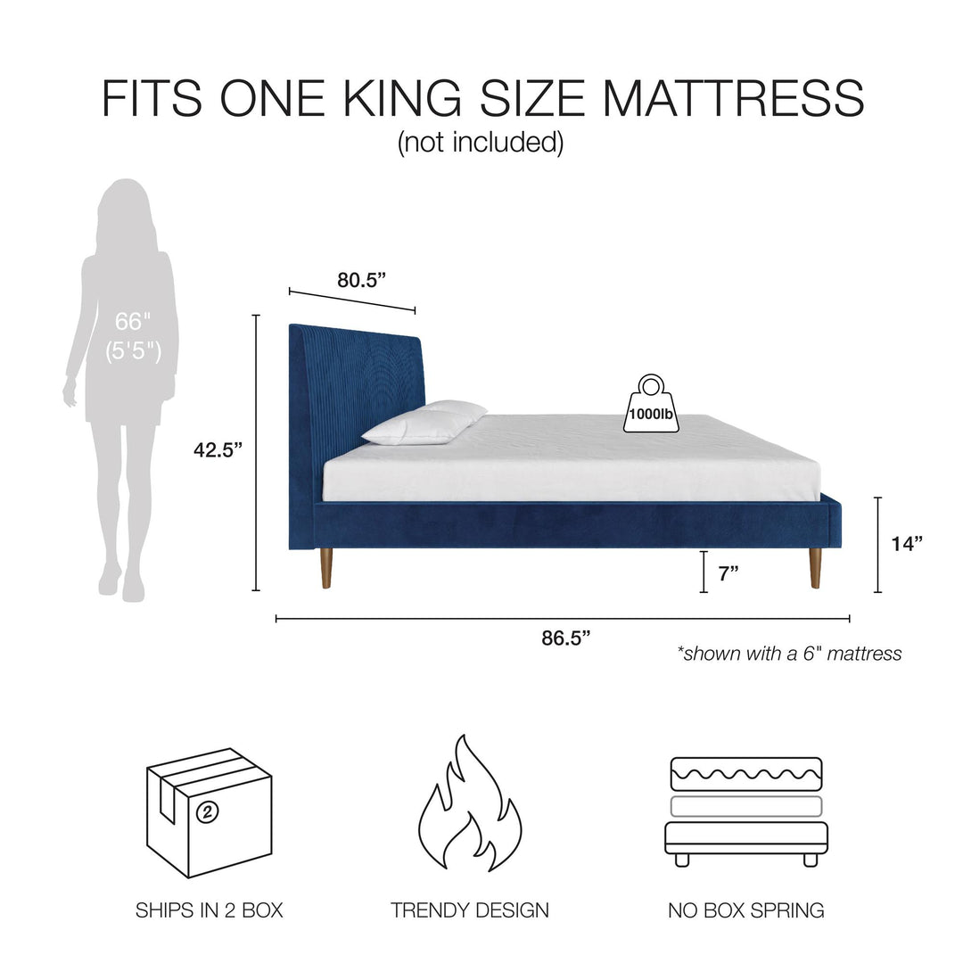 Daphne Velvet Upholstered Bed with Channel Tufted Headboard - Blue - King