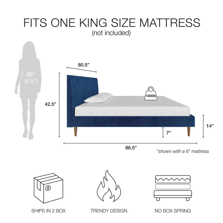 Daphne Velvet Upholstered Bed with Channel Tufted Headboard - Blue - King