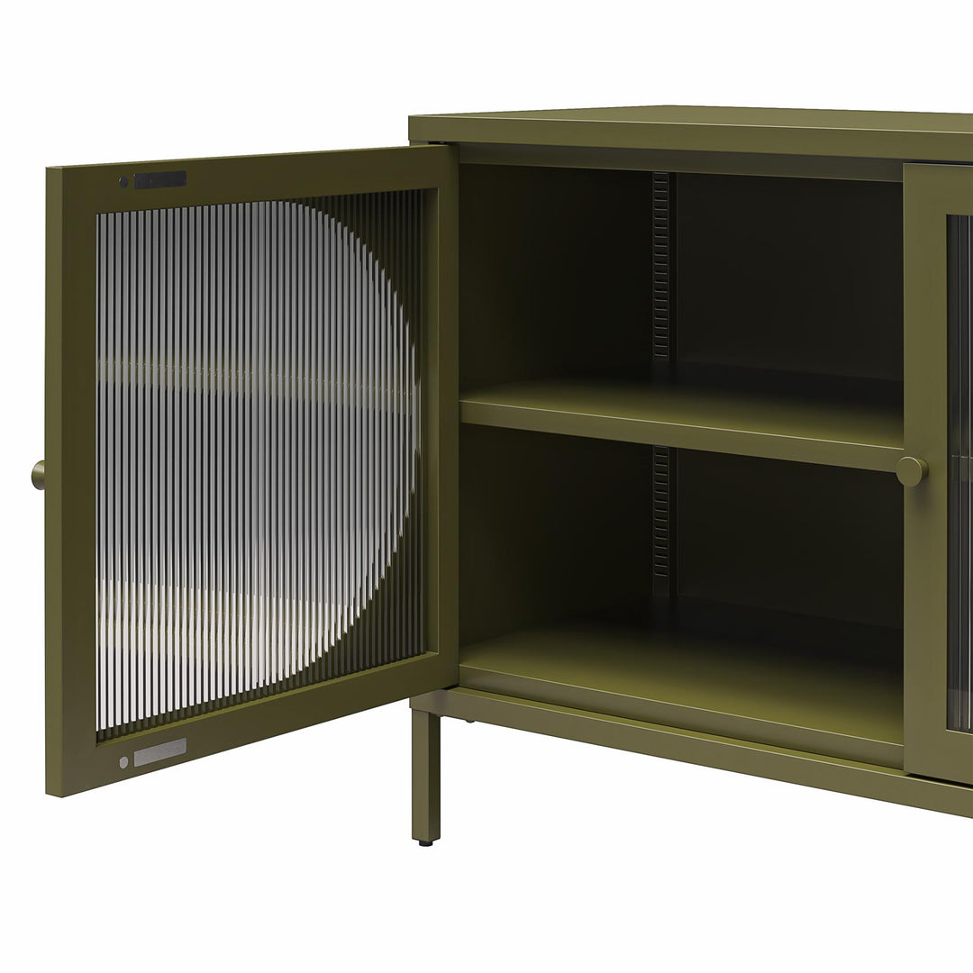 Luna Wide 2-Door Accent Cabinet with Fluted Glass - Olive Green Metal