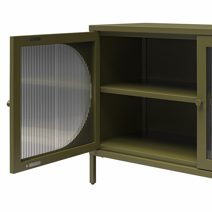 Luna Wide 2-Door Accent Cabinet with Fluted Glass - Olive Green Metal