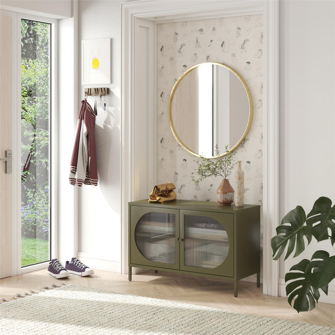 Luna Wide 2-Door Accent Cabinet with Fluted Glass - Olive Green Metal